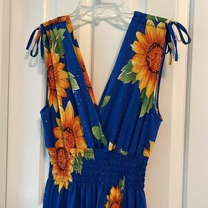 Blue Sparkly Sunflower Flowy Summer Dress